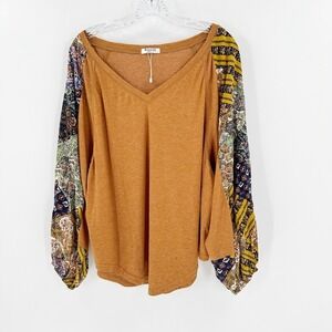 Beyove Brown V-Neck Long Sleeve Pullover Loose Casual Boho Top Size Large